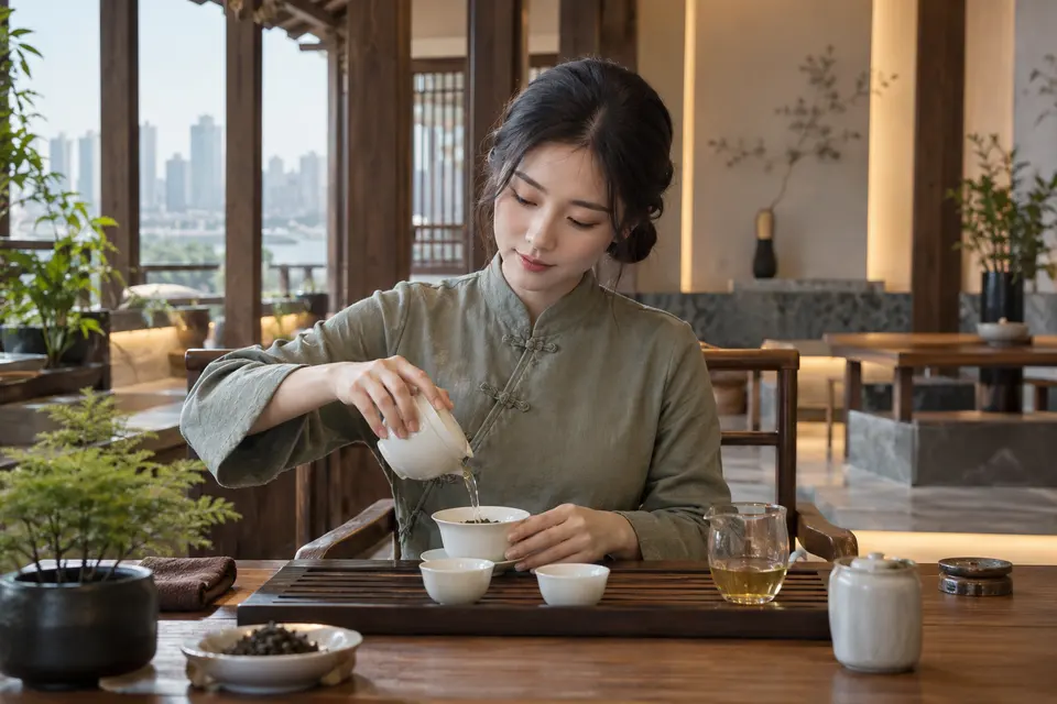 长沙清和茶室茶席上，一只新中式盖碗正在注水冲泡