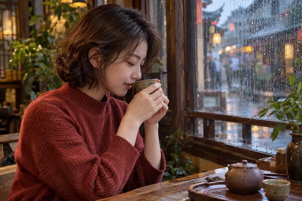 雨天窗边，陶杯中盛着茶汤，旁边放着闻香用的茶样